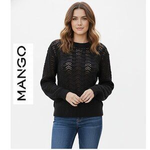 MANGO, Black open knit pullover sweater